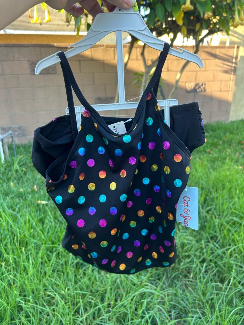 Cat & Jack Black Girls' Rainbow Foil Polka Dot Swim Tankini